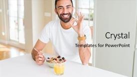  Presentation with healthy eating - Beautiful PPT layouts featuring hispanic man eating healthy breakfast backdrop and a light gray colored foreground
