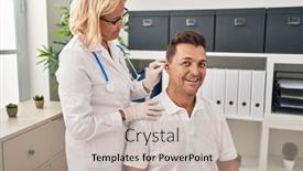  Presentation with hearing aid - PPT theme having hispanic-man-getting-medical-hearing background and a soft green colored foreground