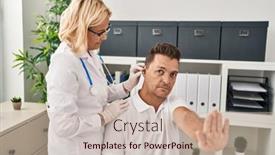  Presentation with hearing aid - Presentation theme with hispanic-man-getting-medical-hearing background and a soft green colored foreground