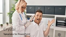  Presentation with hearing aid - Presentation design featuring hispanic-man-getting-medical-hearing background and a soft green colored foreground