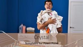  Presentation with clothing wooden clothes hanger object - Slide deck with hispanic-man-hanging-clothes background and a coral colored foreground