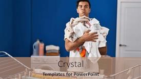  Presentation with puffing - Presentation having hispanic-man-hanging-clothes background and a coral colored foreground