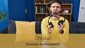  Presentation with headphones - Slide set featuring hispanic-man-holding-broken-headphones background and a gold colored foreground