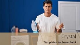  Presentation with iron - PPT theme enhanced with hispanic-man-holding-electric-iron background and a coral colored foreground