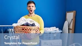  Presentation with laundry - Presentation design having hispanic-man-holding-laundry-basket background and a  colored foreground