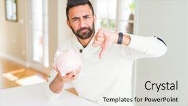  Presentation with piggy bank - Slide set having hispanic man holding piggy bank background and a  colored foreground