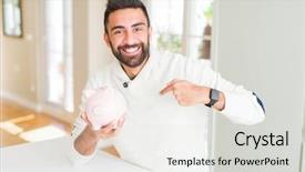  Presentation with bank kredit - PPT theme having hispanic man holding piggy bank background and a light gray colored foreground