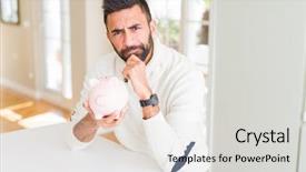  Presentation with piggy bank - Presentation theme consisting of hispanic man holding piggy bank background and a light gray colored foreground