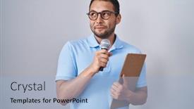  Presentation with microphone - Slides with hispanic-man-holding-reporter-microphone background and a  colored foreground