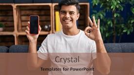  Presentation with friendly - PPT layouts having hispanic-man-holding-smartphone-showing background and a coral colored foreground