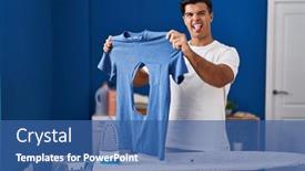  Presentation with laundry room - Slides having hispanic-man-ironing-holding-burned background and a ocean colored foreground