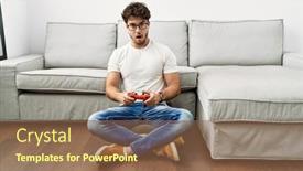  Presentation with controller - PPT theme featuring hispanic-man-playing-video-game background and a violet colored foreground