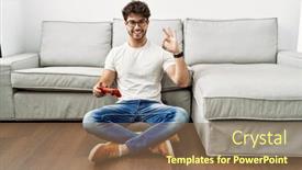  Presentation with video game - Slide set having hispanic-man-playing-video-game background and a  colored foreground