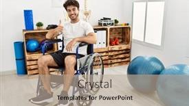  Presentation with physiotherapy - PPT theme having hispanic-man-sitting-on-wheelchair background and a coral colored foreground