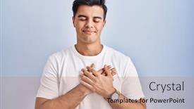  Presentation with blue eyes - Presentation design enhanced with hispanic-man-standing-over-blue background and a coral colored foreground
