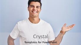  Presentation with hand palm - Slide set enhanced with hispanic-man-standing-over-blue background and a light gray colored foreground