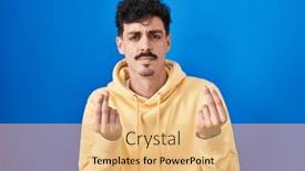  Presentation with salary - PPT theme featuring hispanic-man-standing-over-blue background and a coral colored foreground