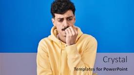  Presentation with anxiety - PPT theme enhanced with hispanic-man-standing-over-blue background and a yellow colored foreground