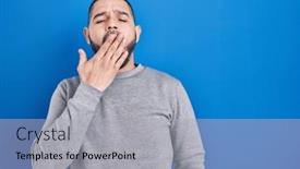  Presentation with sleepiness - PPT theme having hispanic-man-standing-over-blue background and a light gray colored foreground