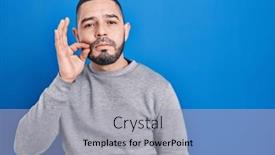  Presentation with lips mouth - Slides enhanced with hispanic-man-standing-over-blue background and a light gray colored foreground