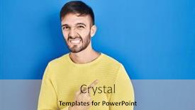  Presentation with forefinger - Theme featuring hispanic-man-standing-over-blue background and a yellow colored foreground