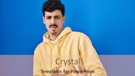  Presentation with blue - Presentation design with hispanic-man-standing-over-blue background and a coral colored foreground