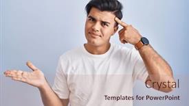  Presentation with think - PPT theme featuring hispanic-man-standing-over-blue background and a coral colored foreground