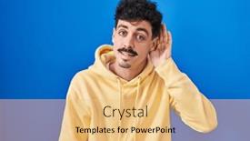  Presentation with hearing - PPT theme consisting of hispanic-man-standing-over-blue background and a yellow colored foreground