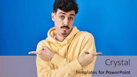  Presentation with direction - PPT layouts with hispanic-man-standing-over-blue background and a yellow colored foreground