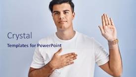  Presentation with hand palm - PPT theme featuring hispanic-man-standing-over-blue background and a lemonade colored foreground