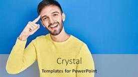  Presentation with great idea - Slide set with hispanic-man-standing-over-blue background and a yellow colored foreground