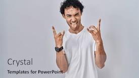  Presentation with rock star - Slide deck consisting of hispanic-man-standing-over-isolated background and a light gray colored foreground