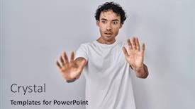  Presentation with panic - Slides enhanced with hispanic-man-standing-over-isolated background and a light gray colored foreground
