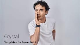  Presentation with talk - Presentation theme having hispanic-man-standing-over-isolated background and a light gray colored foreground
