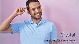  Presentation with great idea - PPT theme having hispanic-man-standing-over-pink background and a light blue colored foreground