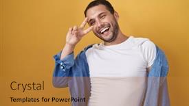  Presentation with peace - Slide deck having hispanic-man-standing-over-yellow background and a gold colored foreground