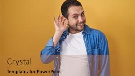  Presentation with hearing - Slides with hispanic-man-standing-over-yellow background and a gold colored foreground