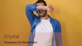  Presentation with sad - Presentation theme enhanced with hispanic-man-standing-over-yellow background and a gold colored foreground