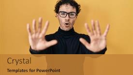  Presentation with frustration - PPT theme enhanced with hispanic-man-standing-over-yellow background and a gold colored foreground