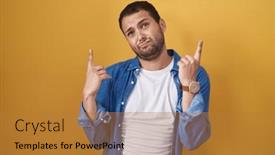  Presentation with upset - Presentation design featuring hispanic-man-standing-over-yellow background and a gold colored foreground