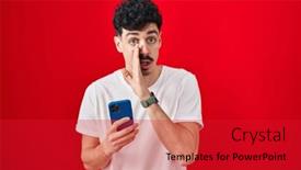  Presentation with smartphone - Slide deck enhanced with hispanic-man-using-smartphone-over background and a  colored foreground