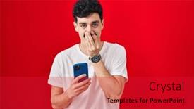  Presentation with scandal - PPT theme featuring hispanic-man-using-smartphone-over background and a red colored foreground