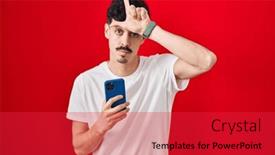  Presentation with smartphone - PPT theme consisting of hispanic-man-using-smartphone-over background and a red colored foreground
