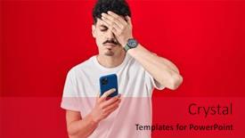  Presentation with face pain - PPT theme featuring hispanic-man-using-smartphone-over background and a  colored foreground