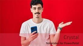  Presentation with hand palm - Theme having hispanic-man-using-smartphone-over background and a red colored foreground
