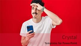  Presentation with far away - Slides with hispanic-man-using-smartphone-over background and a red colored foreground