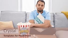  Presentation with crying - Presentation design having hispanic-man-watching-tv background and a  colored foreground