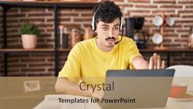  Presentation with defense - PPT theme featuring hispanic-man-wearing-call-center background and a coral colored foreground