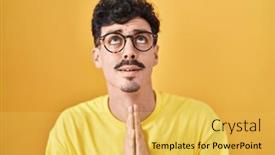  Presentation with praying hands - Presentation theme featuring hispanic-man-wearing-glasses-standing background and a  colored foreground