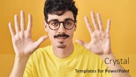  Presentation with glasses - Presentation design featuring hispanic-man-wearing-glasses-standing and a yellow colored foreground